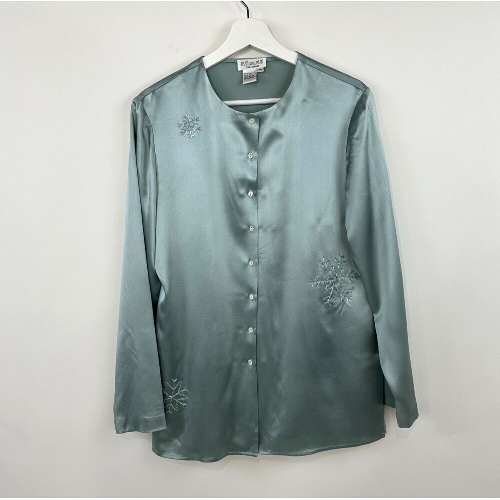 Vintage Due Per Due Collection 10 Silk Tunic Seafoam Blue Embroidered Blouse